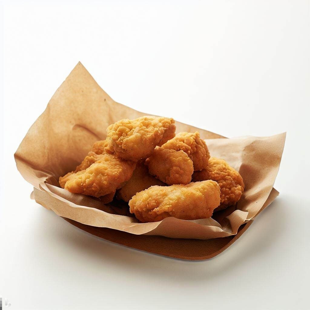 brown greseproof paper with fried chicken nuggets